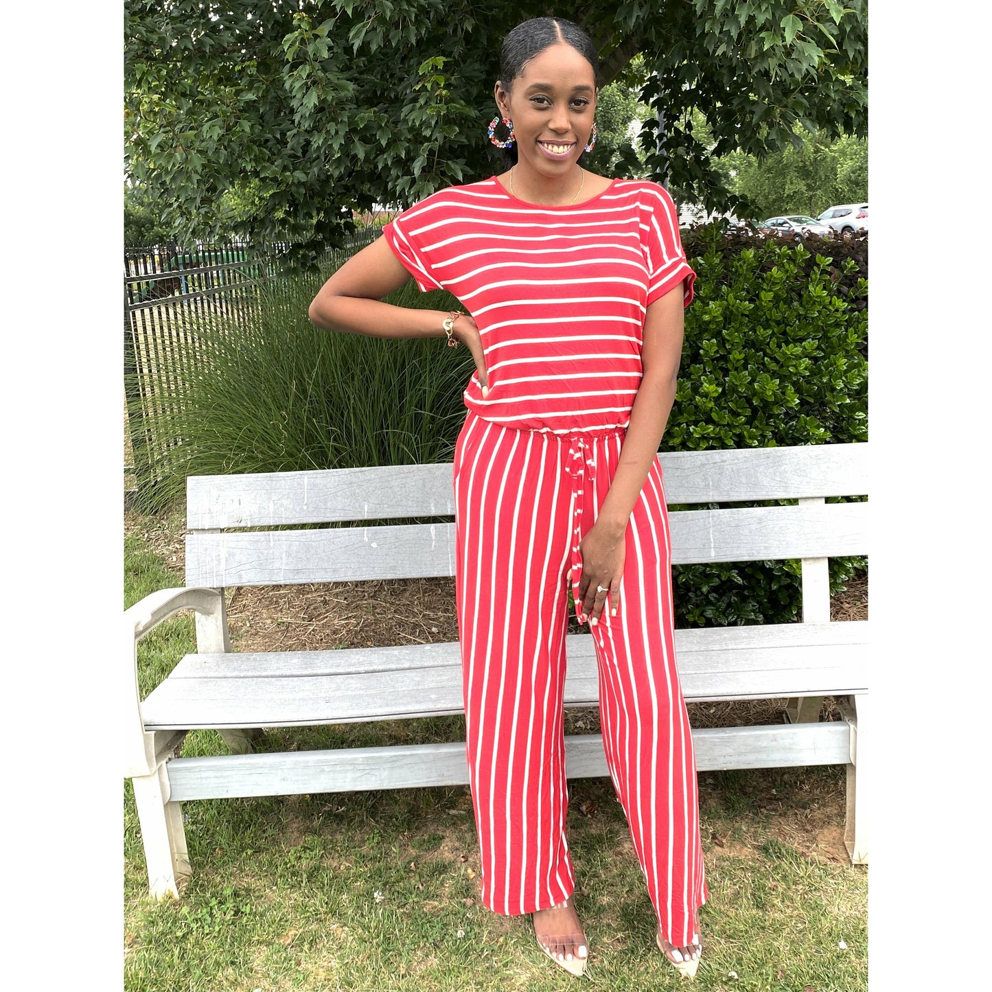 Striped Right Jumpsuit - Ruby