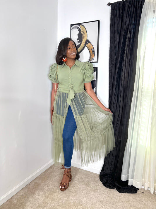 Olive Tulle Collared Shirt