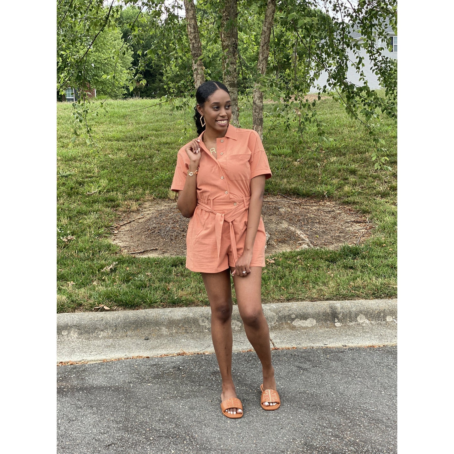 Womens Button Down Romper - Butter Orange