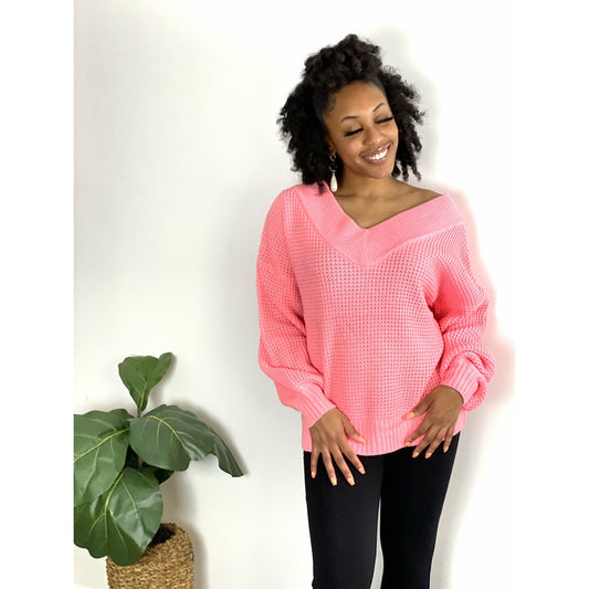 The V neck Sweater - Bright Pink