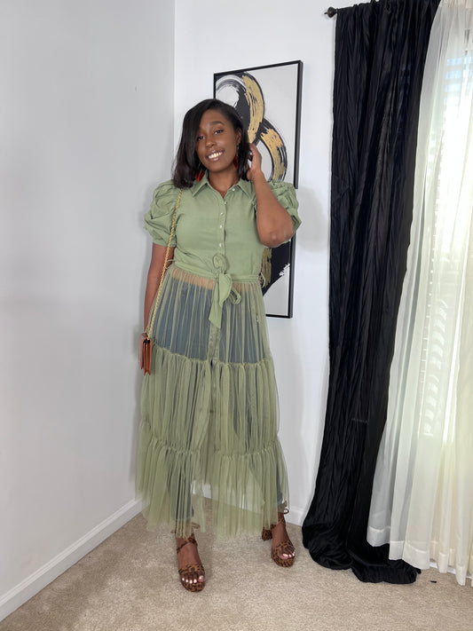 Olive Tulle Collared Shirt