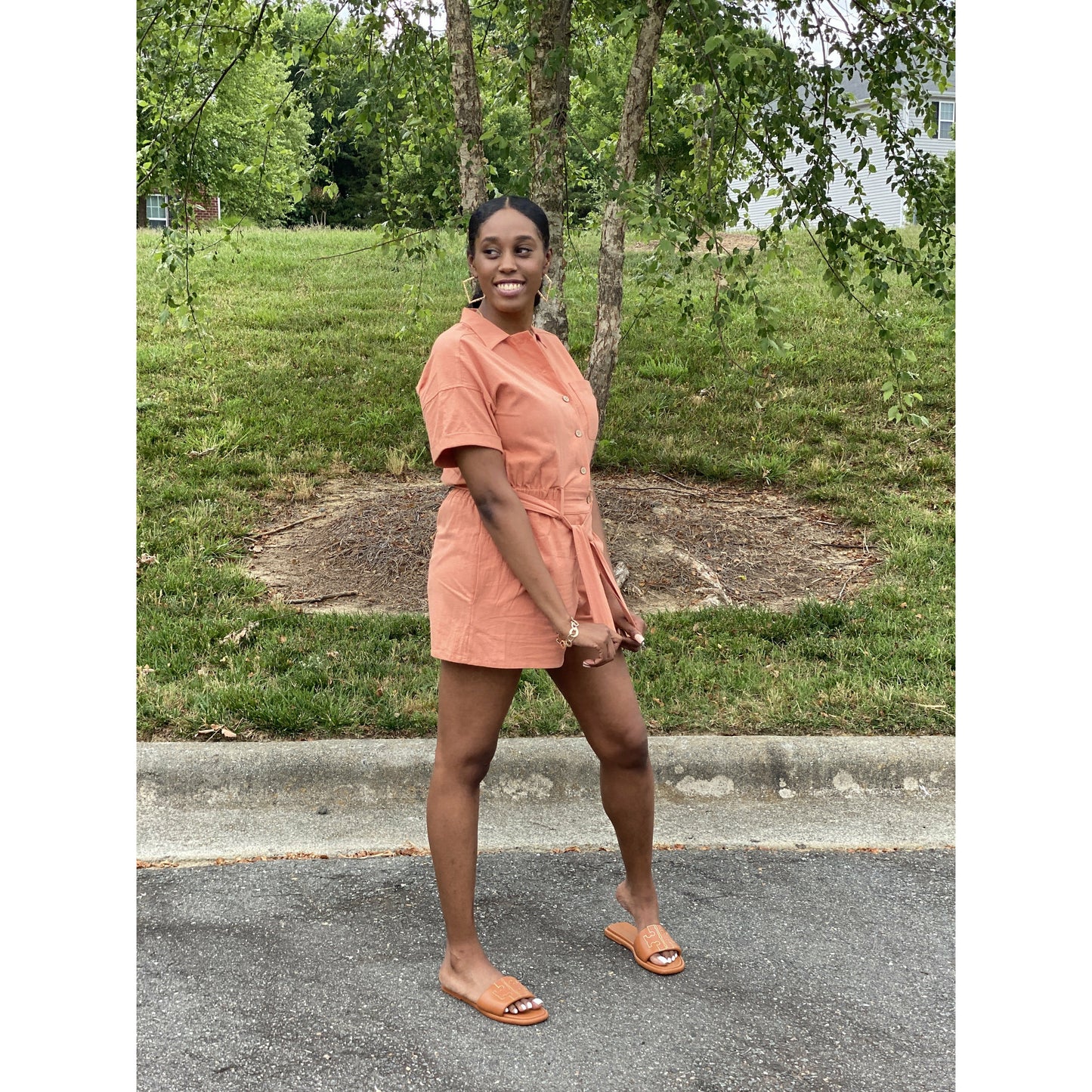 Womens Button Down Romper - Butter Orange