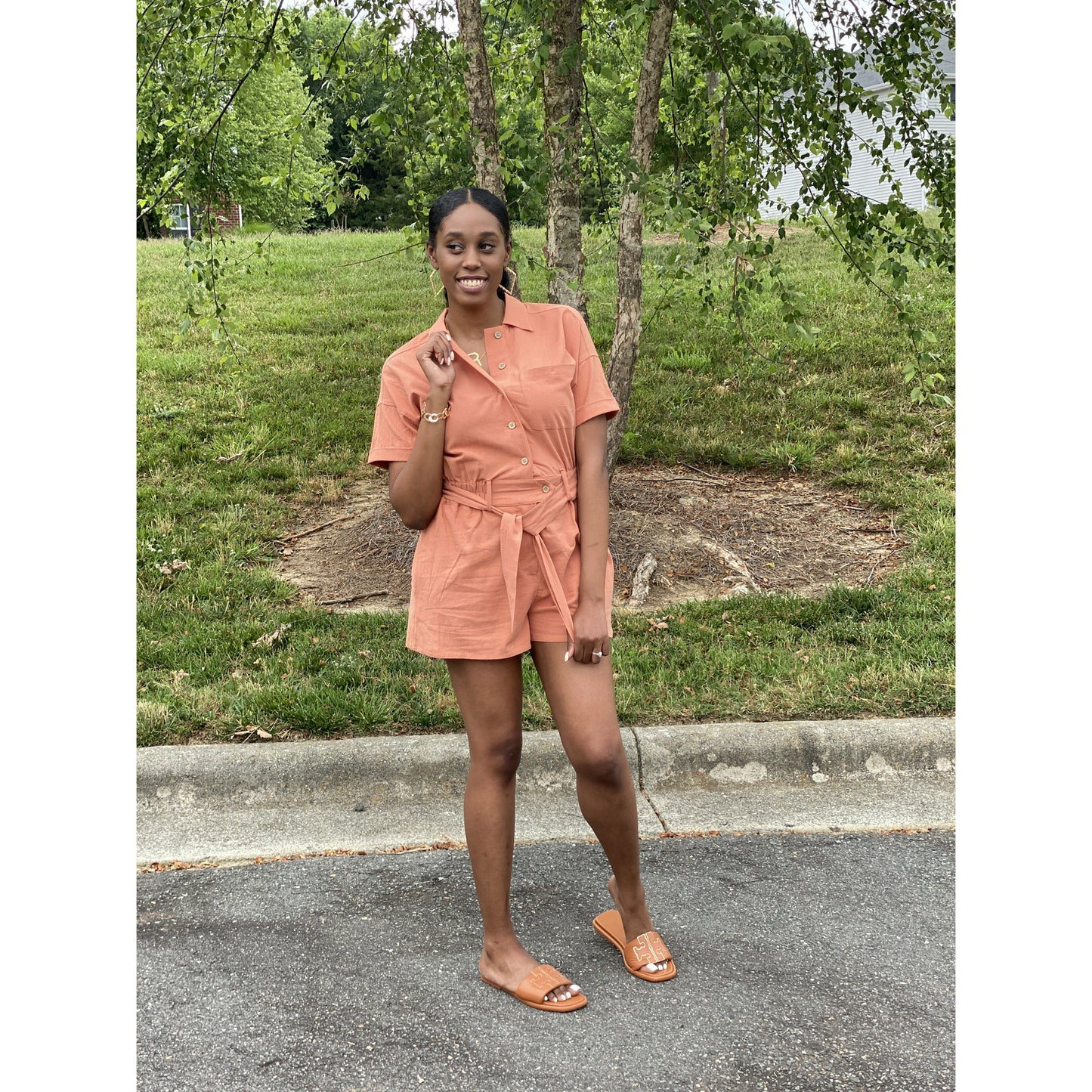 Womens Button Down Romper - Butter Orange