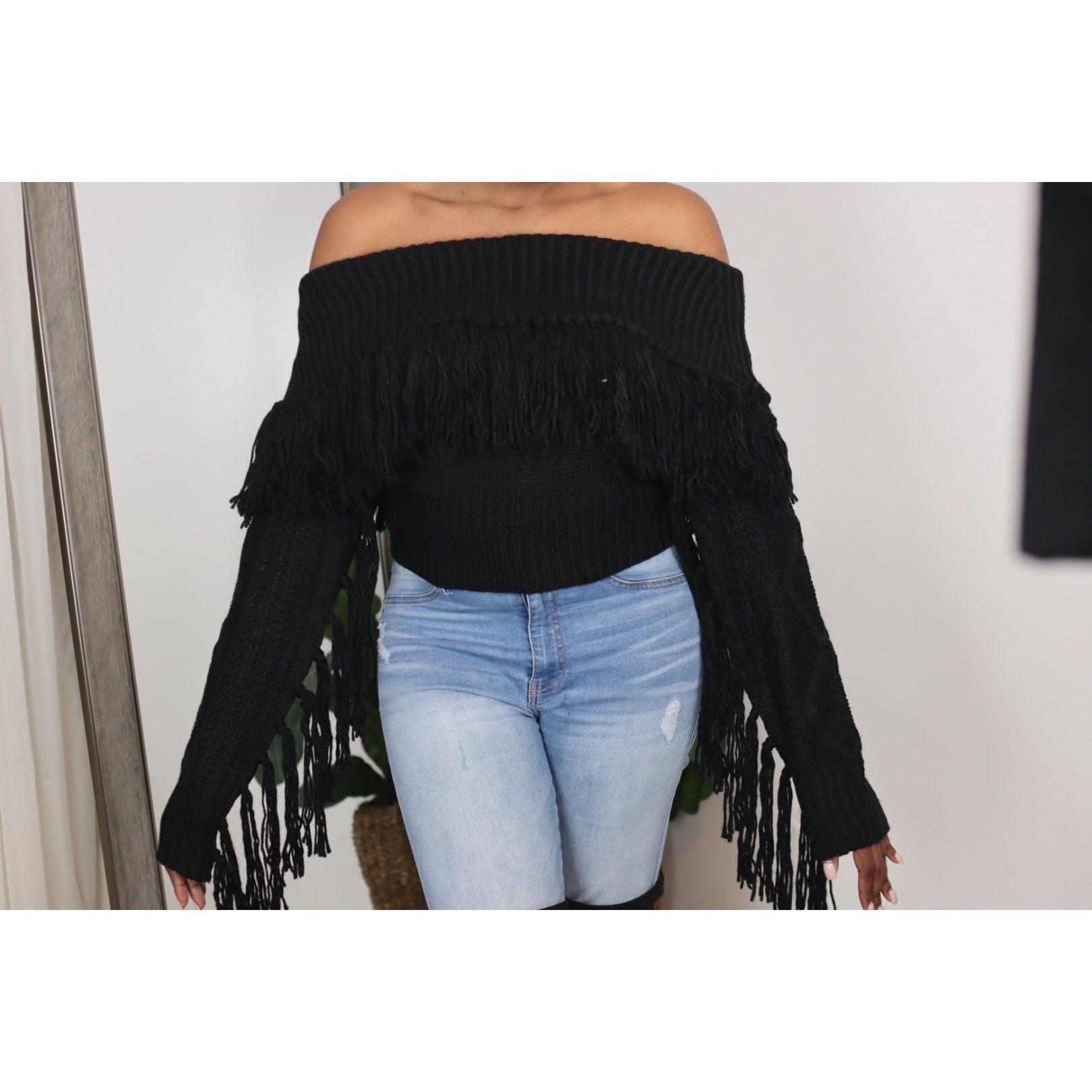 Women's Fringe Off the Shoulder Knit Sweater