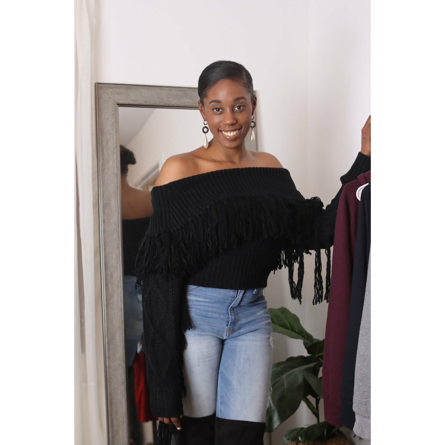 Women's Fringe Off the Shoulder Knit Sweater