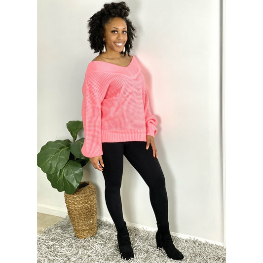 The V neck Sweater - Bright Pink